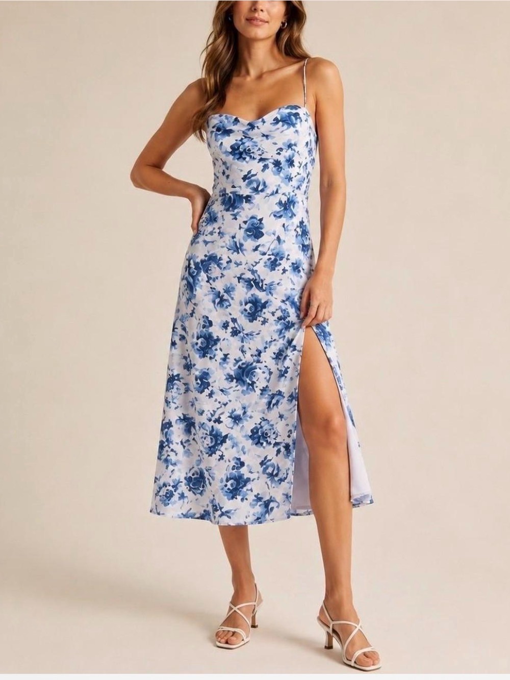 Abercrombie & Fitch Camille Midi Dress blue floral high slit cottagecore sz SP